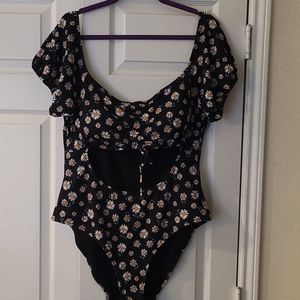 Shein Black Floral Ribbed bodysuit Bathing Swim Suit 3x